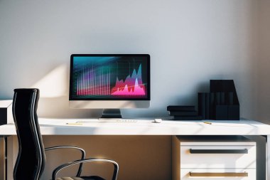 Bilgisayar ekranında finansal grafikler ve grafikler ile kabine masaüstü iç. Hisse senedi piyasası analizi ve ticaret kavramı. 3B işleme.