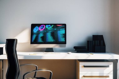 Bilgisayar, masa ve sandalye ile masaüstü iç. Ekranda iş çizim. 3d render.