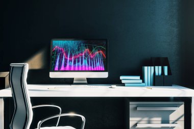 Bilgisayar ekranında finansal grafikler ve grafikler ile kabine masaüstü iç. Hisse senedi piyasası analizi ve ticaret kavramı. 3B işleme.
