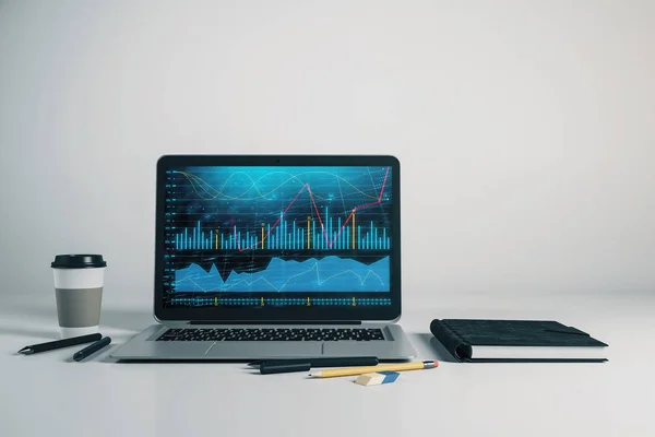 Primer plano del ordenador portátil con gráfico de divisas en la pantalla del ordenador. Concepto de comercio financiero y educación. renderizado 3d . — Foto de Stock