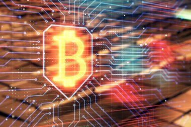 Soyut arka plan ile Bitcoin işareti hologram. Çok pozlama. Blockchain konsepti.