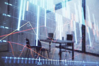 Minimalist kabine iç arka plan ile iş teması grafik hologram. Çift pozlama. Hisse senedi piyasası konsepti.