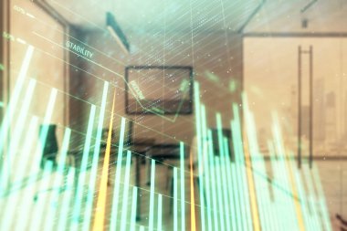 Minimalist kabine iç arka plan ile iş teması grafik hologram. Çift pozlama. Hisse senedi piyasası konsepti.