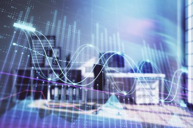 Minimalist kabine iç arka plan ile Forex grafik hologram. Çift pozlama. Hisse senedi piyasası konsepti.