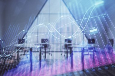 Konferans odası arka planda Forex çizelgesine çift pozlama. Hisse senedi piyasası analizi konsepti