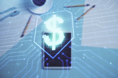 Tablo arka planda dijital tablet üzerinde iş teması çizimleri çift pozlama. Online iş kavramı