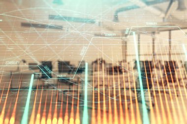 Arka planda ticaret masası banka Ofisi İç ile stok ve tahvil piyasa grafiği. Çok pozlama. Finansal analiz konsepti