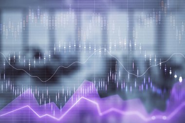 Arka planda ticaret masası banka Ofisi İç ile stok ve tahvil piyasa grafiği. Çok pozlama. Finansal analiz konsepti