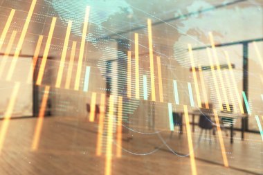 Stok ve tahvil piyasa grafik ve arka planda ticaret masası banka Ofisi İç ile dünya haritası. Çok pozlama. Uluslararası Finans konsepti