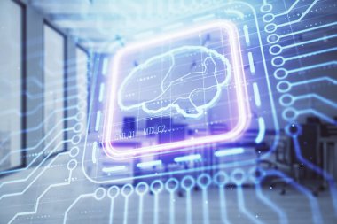 Arka planda ofis iç ile insan beyni çizim. Çift pozlama. Yenilik konsepti.