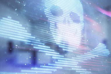 Arka planda ofis iç ile Hacking Tema hologram. Çift pozlama. Siber korsanlık kavramı