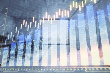 Ticaret masası banka ofisi iç arka planda stok piyasa şeması. Çift pozlama. Finansal analiz konsepti