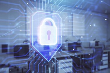 Arka planda ofis iç ile çizim kilit simgesi. Çift pozlama. Veri güvenliği kavramı