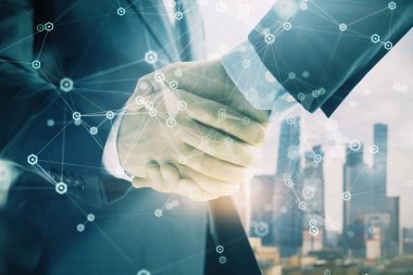 İki işadamı el sıkışması ile Cityscape arka planda çizim soyut teknoloji çift pozlama. İş içinde teknoloji rolü kavramı