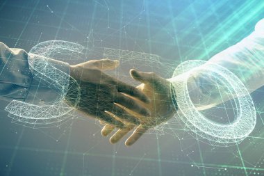 İki erkek el sıkışması ile soyut arka plan üzerinde SEO simge çizim Multi pozlama. Bilgi arama kavramı