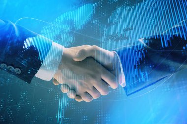 İki işadamı el sıkışması ile soyut arka plan üzerinde Dünya Haritası Multi pozlama. Uluslararası iş konsepti