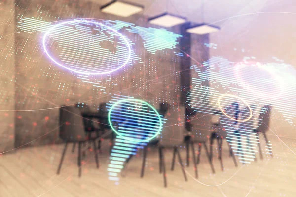Konferans odası arka planda dünya hologram çift pozlama. Uluslararası iş konsepti