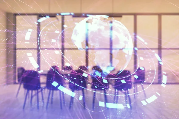 Konferans odası arka planda dünya hologram çift pozlama. Uluslararası iş konsepti
