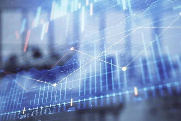 Stock och Bond Market Graph med Trading Desk bankkontor interiör på bakgrunden. Multiexponering. Begreppet finansiell analys — Stockfoto