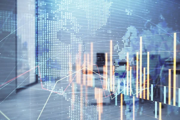 Stock and bond market graph and world map with trading desk bank office interior on background. Multi exposure. Concept of international finance