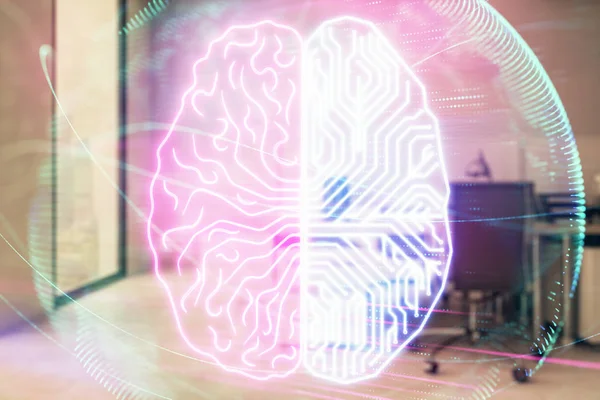 Human brain drawing with office interior on background. Double exposure. Concept of innovation. — Stock Photo, Image