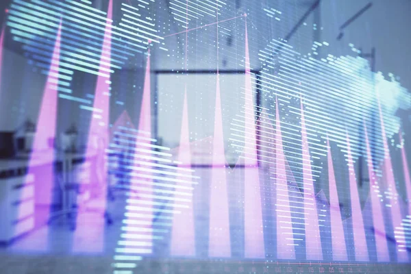 Stock and bond market graph and world map with trading desk bank office interior on background. Multi exposure. Concept of international finance