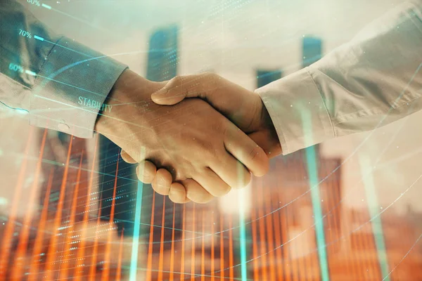 Double exposure of financial graph on cityscape background with two businessman handshake. Concept of stock market deal — Stock Photo, Image