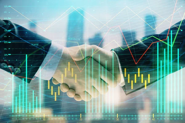 Double exposure of financial graph on cityscape background with two businessman handshake. Concept of stock market deal — Stock Photo, Image