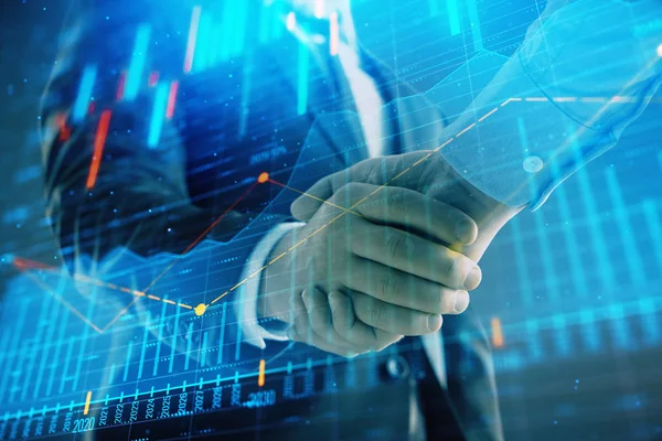 2人のビジネスマンの握手で抽象的な背景に外国為替グラフのマルチ露出。株式市場での成功の概念 — ストック写真