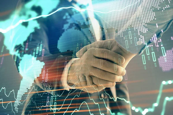 İki işadamı el sıkışması ile soyut arka plan üzerinde Forex grafik ve Dünya Haritası Multi pozlama. Uluslararası pazarlarda başarı konsepti