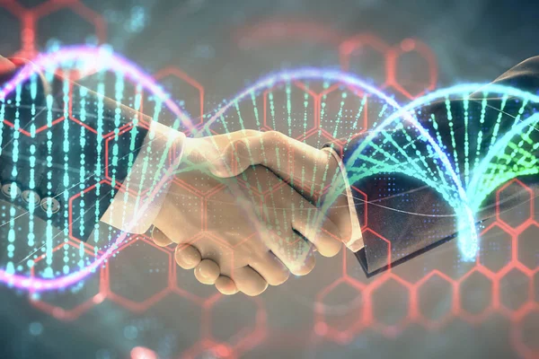 Multi exposición del holograma de ADN en el fondo abstracto con dos hombres apretón de manos. Concepto de bioingeniería —  Fotos de Stock