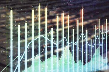 Soyut arka plan ile finansal grafik hologram. Çift pozlama. Piyasa Analizi konsepti
