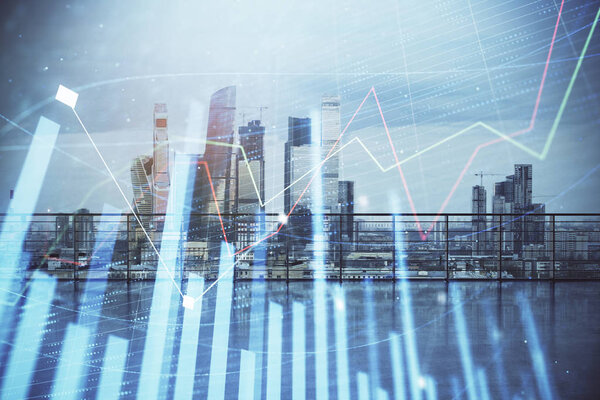 Forex graph hologram with city view from roof background. Double exposure. Stock market concept.