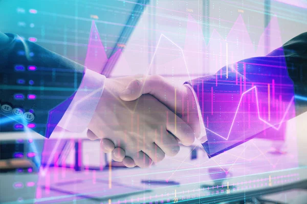 Multi exposure of financial graph on office background with two businessmen handshake. Concept of success in business — Stock Photo, Image