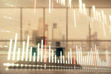 Minimalist kabine iç arka plan ile iş teması grafik hologram. Çift pozlama. Hisse senedi piyasası konsepti.