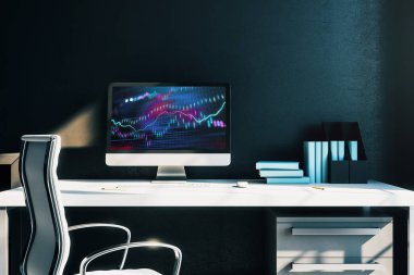 Bilgisayar ekranında finansal grafikler ve grafikler ile kabine masaüstü iç. Hisse senedi piyasası analizi ve ticaret kavramı. 3B işleme.