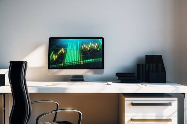 Bilgisayar ekranında finansal grafikler ve grafikler ile kabine masaüstü iç. Hisse senedi piyasası analizi ve ticaret kavramı. 3B işleme.