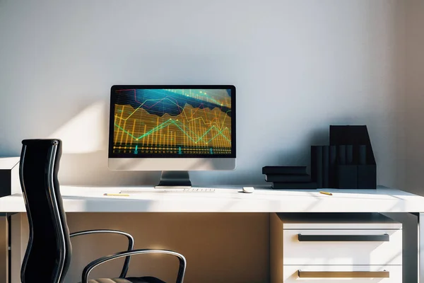 Schrank Desktop-Interieur mit Finanzdiagrammen und Grafiken auf dem Computerbildschirm. Konzept der Börsenanalyse und des Handels. 3D-Darstellung. — Stockfoto