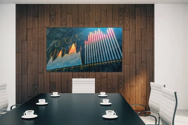 Innenraum des Konferenzraums mit Finanzkarte auf dem Monitor an der Wand. Börsenanalysekonzept. 3D-Darstellung. — Stockfoto