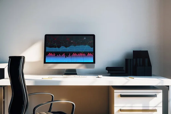 Armadio interno desktop con grafici finanziari e grafici sullo schermo del computer. Concetto di analisi del mercato azionario e trading. rendering 3d . — Foto Stock