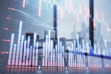 Minimalist kabine iç arka plan ile Forex grafik hologram. Çift pozlama. Hisse senedi piyasası konsepti.