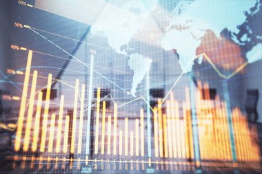 Konferans odası arka planda dünya hologram ile hisse senedi piyasası grafik çift pozlama. Uluslararası Finans konsepti