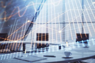 Konferans odası arka planda Forex çizelgesine çift pozlama. Hisse senedi piyasası analizi konsepti