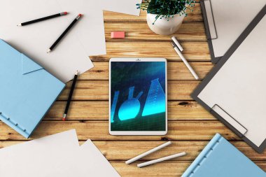 Ekranda şişeler pic ile dijital tablet closeup üst görünümü. Eğitim kavramı. 3d render.