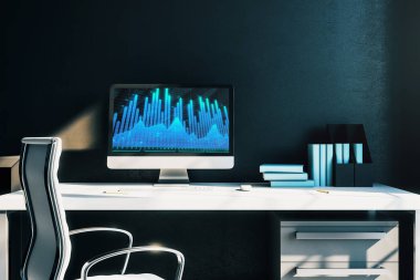 Bilgisayar ekranında finansal grafikler ve grafikler ile kabine masaüstü iç. Hisse senedi piyasası analizi ve ticaret kavramı. 3B işleme.