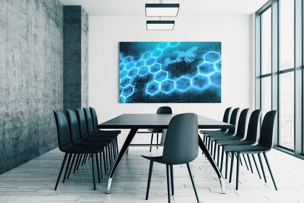 Innenraum des Konferenzraums mit abstrakter Technologie Bild auf Bildschirm-Monitor an der Wand. Dateninnovationskonzept. 3D-Darstellung. — Stockfoto