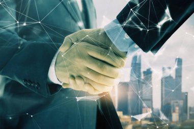 İki işadamı el sıkışması ile Cityscape arka planda çizim soyut teknoloji çift pozlama. İş içinde teknoloji rolü kavramı