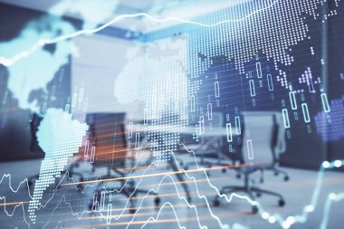 Konferans odası arka planda dünya hologram ile hisse senedi piyasası grafik çift pozlama. Uluslararası Finans konsepti