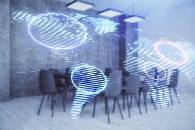 Konferans odası arka planda dünya hologram çift pozlama. Uluslararası iş konsepti