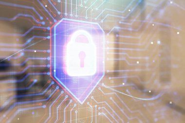 Arka planda ofis iç ile çizim kilit simgesi. Çift pozlama. Veri güvenliği kavramı